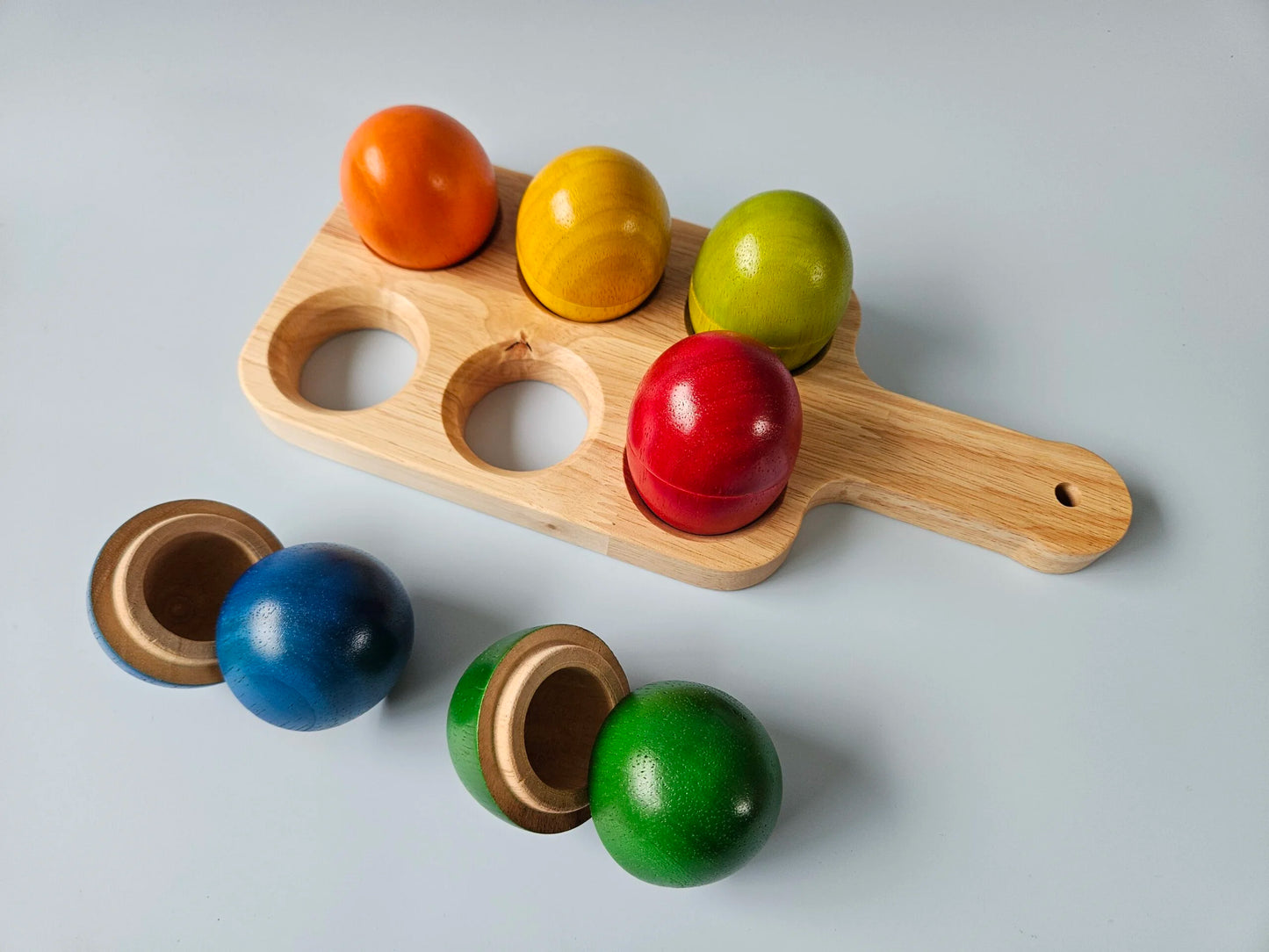 Hollow Wooden Eggs & Nesting Tray Set